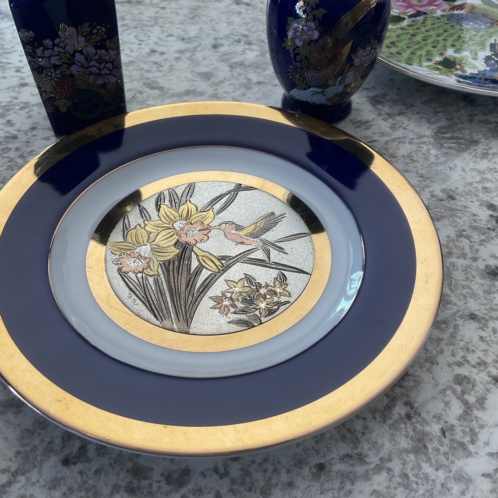 Authentic Japanese Chokin Art Cobalt Blue 24 Kt Gold Enlay - Picture 16 of 16
